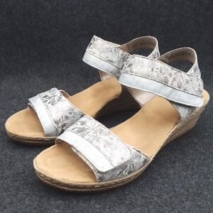 Rieker Fanni 70 Silver Sandals Floral Ankle Strap Wedge Heel EU 40 US‎ 8.5-9